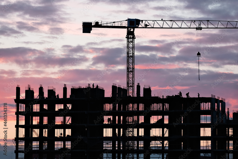 Tower crane and workers work at a construction site. Silhouette of a ...