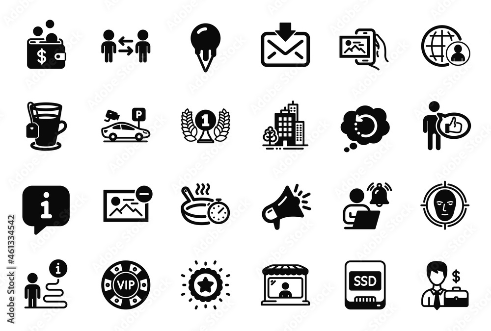 Vector Set of Business icons related to Like, Laureate award and Buildings icons. Parking security, Businessman case and Remove image signs. Megaphone, Recovery data and Ssd. Market seller. Vector