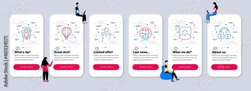 Vector Set of Technology icons related to Augmented reality, Voting campaign and Air balloon icons. UI phone app screens with teamwork. Vector
