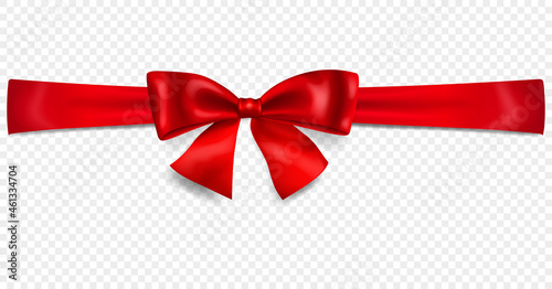 Beautiful red bow with horizontal ribbon with shadow, isolated on transparent background. Transparency only in vector format