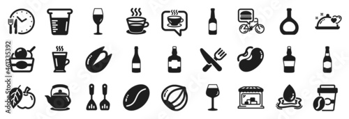 Set of Food and drink icons, such as Beer, Coffee cup, Wineglass icons. Takeaway coffee, Bordeaux glass, Beer bottle signs. Scotch bottle, Market, Beans. Apple, Ice cream, Water splash. Vector