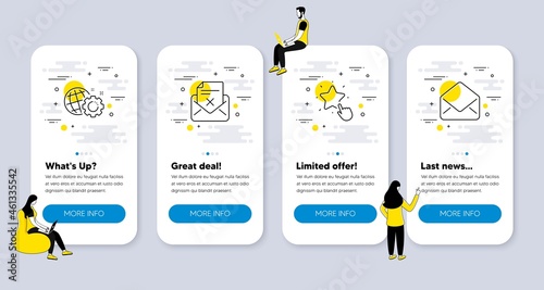 Vector Set of Business icons related to Reject letter, Seo gear and Ranking star icons. UI phone app screens with people. Mail line symbols. Delete mail, Web settings, Click rank. E-mail. Vector