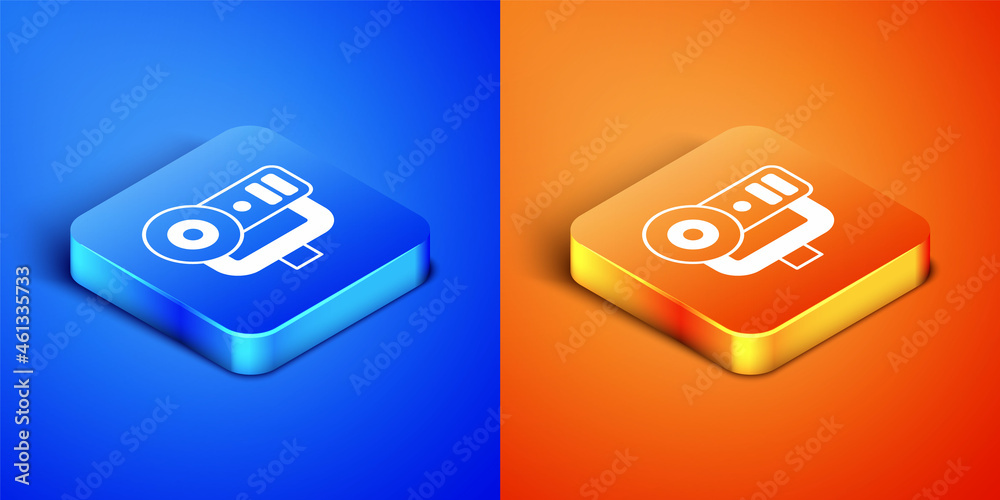 Isometric Web camera icon isolated on blue and orange background. Chat camera. Webcam icon. Square button. Vector Isometric Web camera icon isolated on blue and orange background. Chat camera. Webcam icon. Square button. Vector