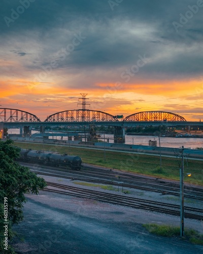 Sunset over railroad tracks and the Mississippi River, in East St. Louis, Illinois