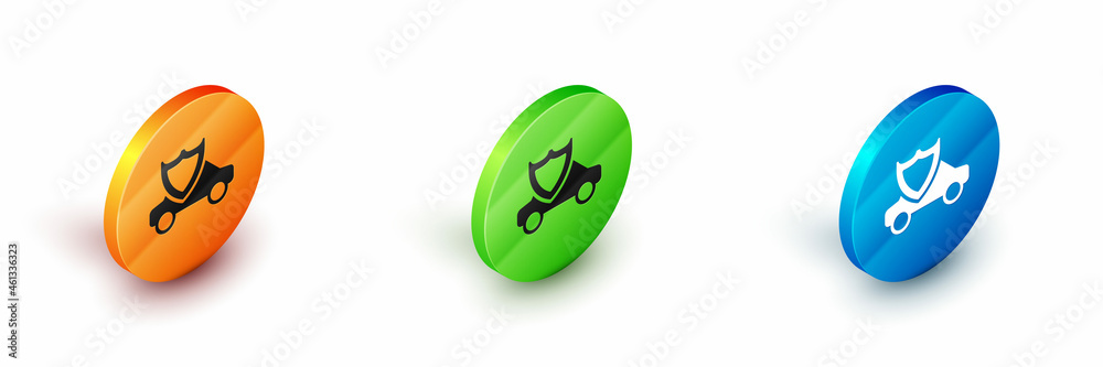 Fototapeta premium Isometric Car with shield icon isolated on white background. Insurance concept. Security, safety, protection, protect concept. Circle button. Vector
