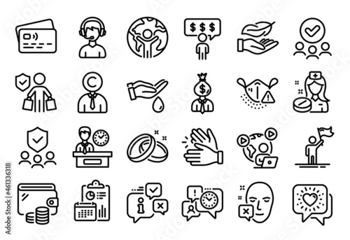 Wallpaper Mural Vector set of Approved group, Consultant and Friends chat line icons set. Calendar report, Money wallet and Credit card tag. Medical mask, Face declined and Employee benefits icons. Vector Torontodigital.ca