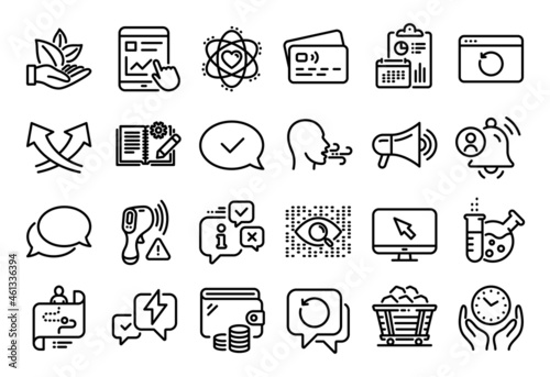 Vector set of Organic product, Journey path and Approved message line icons set. Calendar report, Money wallet and Credit card tag. Vector