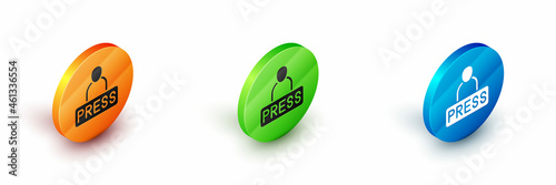 Isometric Journalist news reporter icon isolated on white background. Circle button. Vector