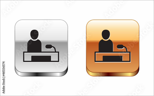 Black Television report icon isolated on white background. TV news. Silver and gold square buttons. Vector