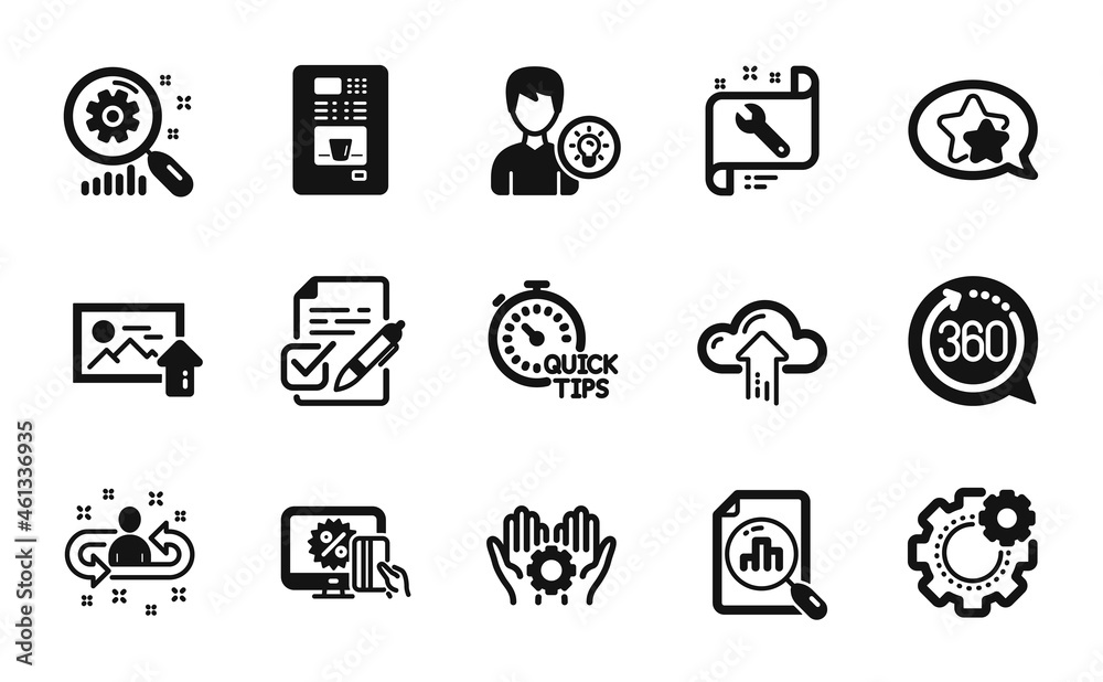 Vector set of Analytics graph, Quick tips and Cloud upload icons simple set. Online shopping, 360 degrees and Coffee vending icons. Upload photo, Spanner and Search statistics signs. Vector Vector set of Analytics graph, Quick tips and Cloud upload icons simple set. Online shopping, 360 degrees and Coffee vending icons. Upload photo, Spanner and Search statistics signs. Vector
