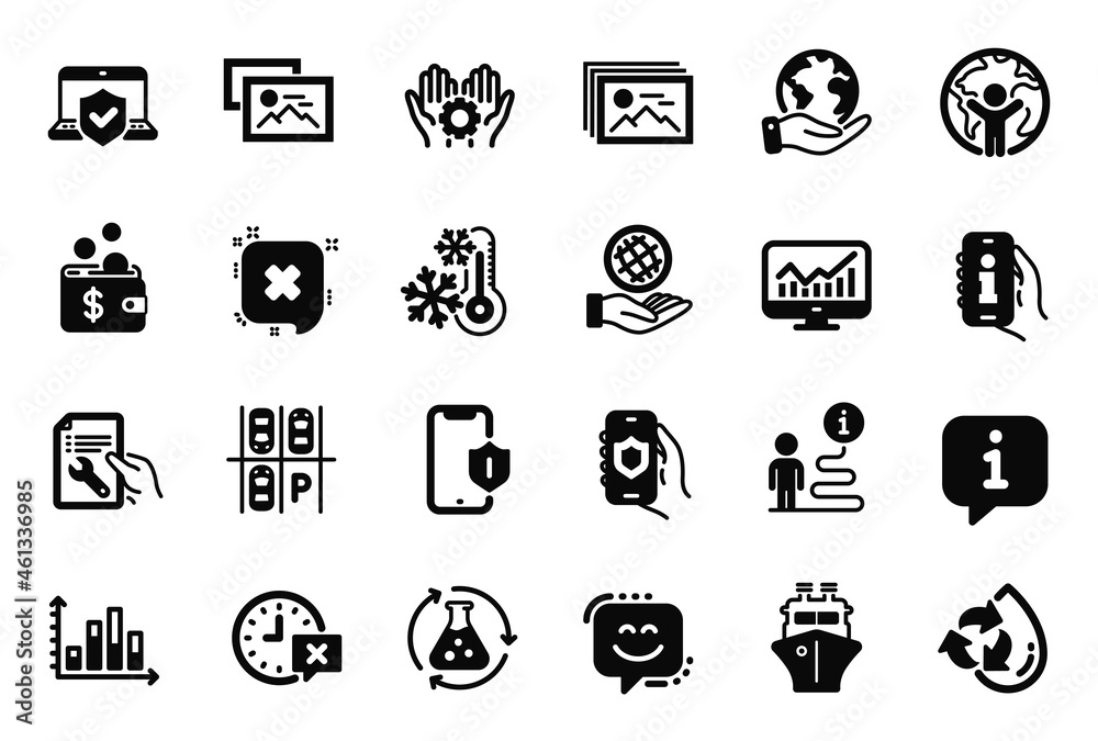 Vector Set of Technology icons related to Global business, Image gallery and Recycle water icons. Safe planet, Smartphone protection and Save planet signs. Time, Repair document and Reject. Vector Vector Set of Technology icons related to Global business, Image gallery and Recycle water icons. Safe planet, Smartphone protection and Save planet signs. Time, Repair document and Reject. Vector
