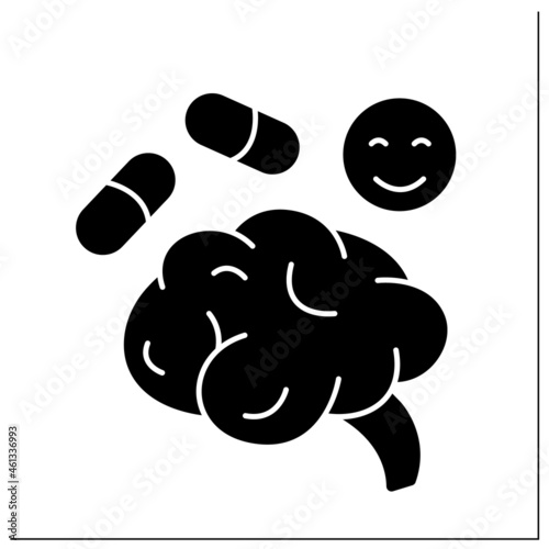 Medical treatment glyph icon. Successful headache troubles treatment. Perfect painkillers and medicine. Healthcare. Internal organs disease.Filled flat sign. Isolated silhouette vector illustration