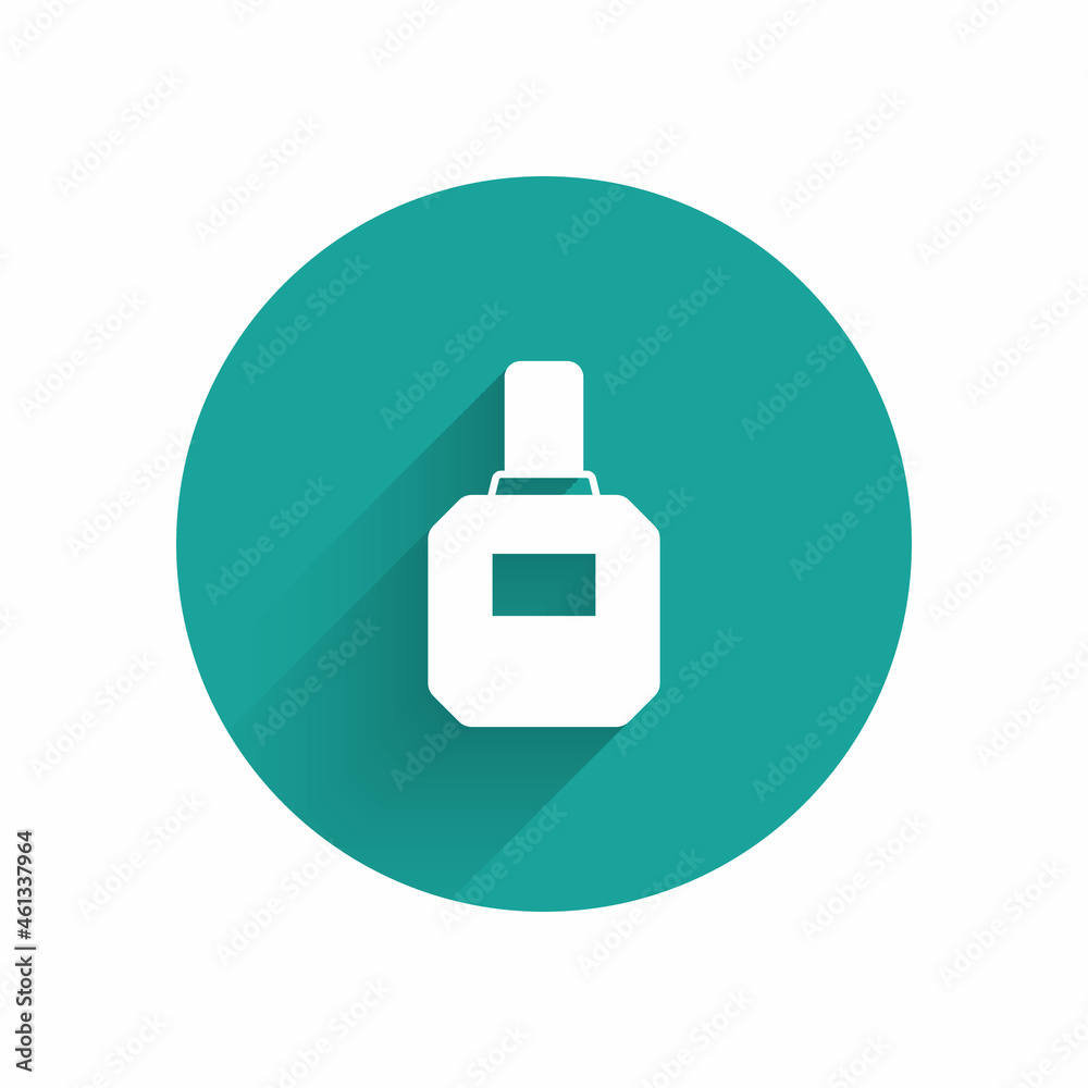 White Aftershave icon isolated with long shadow background. Cologne spray icon. Male perfume bottle. Green circle button. Vector White Aftershave icon isolated with long shadow background. Cologne spray icon. Male perfume bottle. Green circle button. Vector
