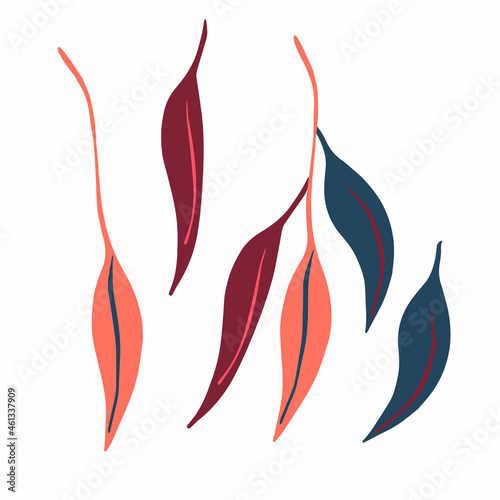 Modern isolated stylized design with abstract colorful eucalyptus leaves