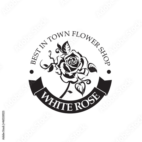 emblem of white rose bud for flower shop isolated on white background