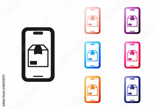 Black Mobile smart phone with app delivery tracking icon isolated on white background. Parcel tracking. Set icons colorful. Vector