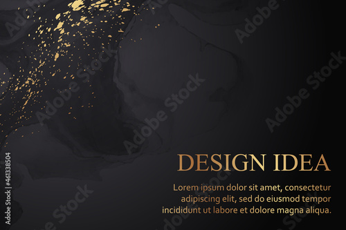 Modern watercolor background or elegant card design or wallpaper or poster with abstract black ink waves and golden splashes.