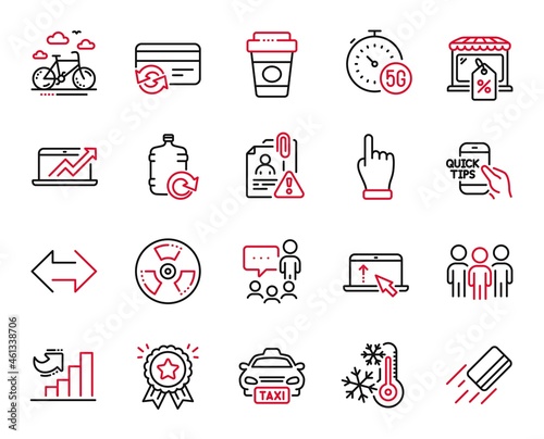 Vector Set of Business icons related to Takeaway coffee, Freezing and Education icons. Growth chart, Search employee and Credit card signs. Click hand, Loyalty award and 5g internet. Group. Vector