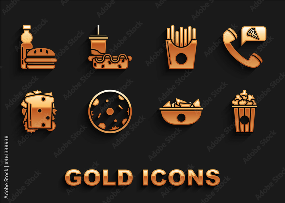 Set Pizza, Food ordering pizza, Popcorn cardboard box, Nachos plate, Sandwich, Potatoes french fries carton package, Bottle of water burger and Paper glass with drinking straw hotdog icon. Vector Set Pizza, Food ordering pizza, Popcorn cardboard box, Nachos plate, Sandwich, Potatoes french fries carton package, Bottle of water burger and Paper glass with drinking straw hotdog icon. Vector