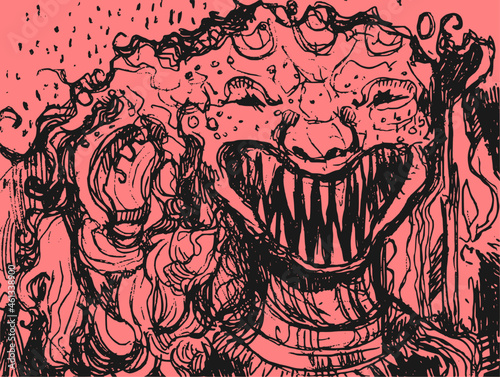 Vector ink illustration with graphic drawing.  Abstract doodle monster face with teeth. 