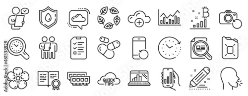 Set of Science icons, such as Customer survey, Interview, Infochart icons. Time management, Recovery phone, Blood donation signs. Ram, Graph laptop, Natural linen. Brand contract, Cough. Vector
