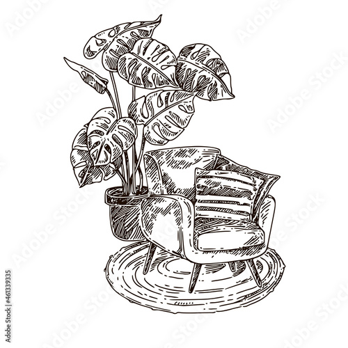 Place to relax. Cozy armchair with pillow, monstera houseplant and round carpet. Sketch Engraving style. Vector illustration.