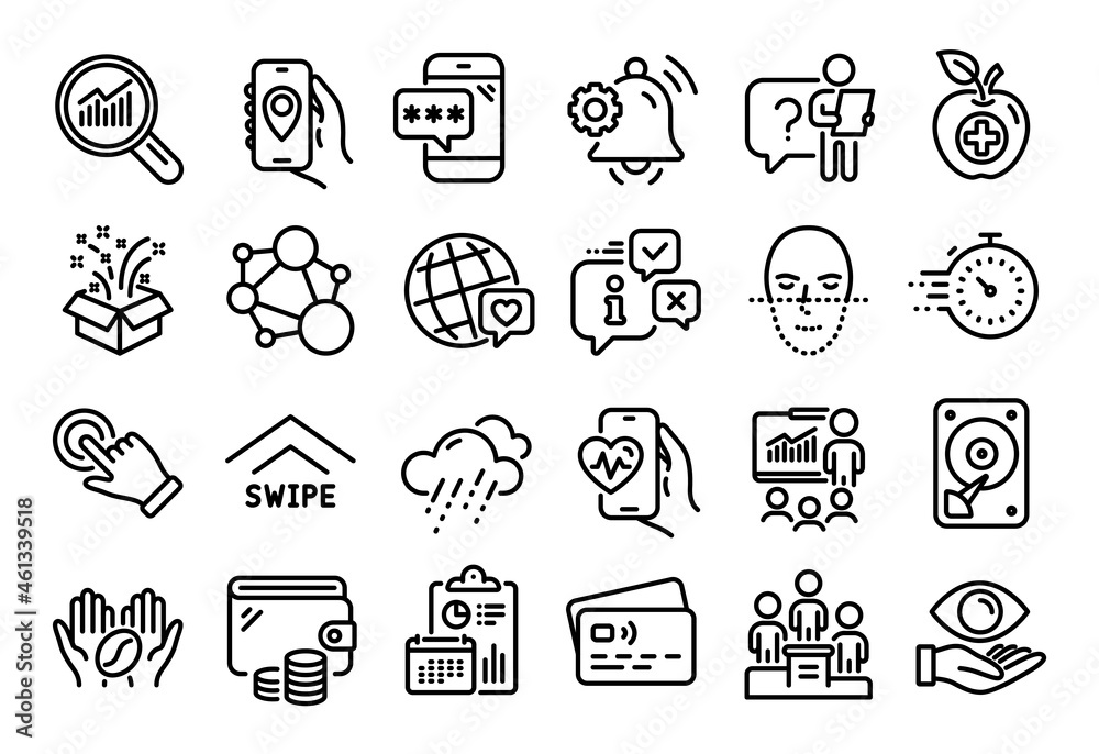 Vector set of Medical food, Phone password and Data analysis line icons set. Calendar report, Money wallet and Credit card tag. Rainy weather, Hdd and Coffee icons. Vector