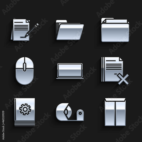 Set Laptop, Scotch, Envelope, Delete file document, User manual, Computer mouse, Document folder and Blank notebook and pencil with eraser icon. Vector