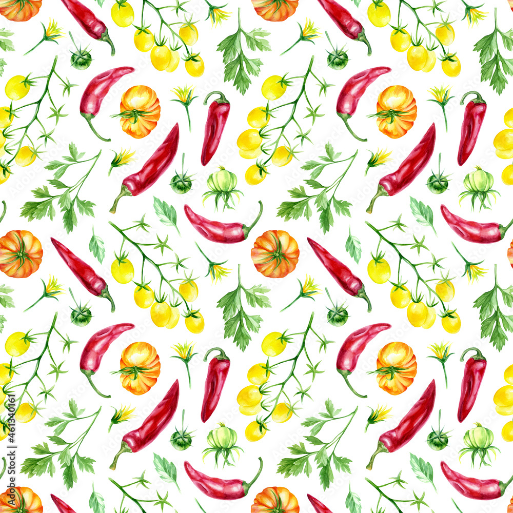 Seamless pattern with yellow cherry tomatoes , parsley, chili pepper. Endless botanical illustration. Best for kitchen decor, dining textiles, Harvest Day, menus, label backgrounds Seamless pattern with yellow cherry tomatoes , parsley, chili pepper. Endless botanical illustration. Best for kitchen decor, dining textiles, Harvest Day, menus, label backgrounds