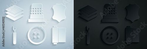 Set Sewing button for clothes, Leather, Cutter tool, Textile fabric roll, Thimble sewing and icon. Vector