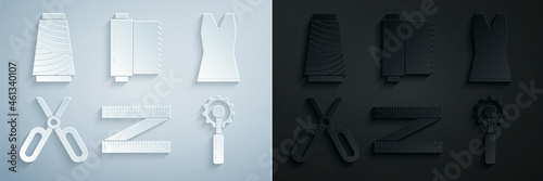 Set Tape measure, Woman dress, Scissors, Cutter tool, Textile fabric roll and Sewing thread on spool icon. Vector
