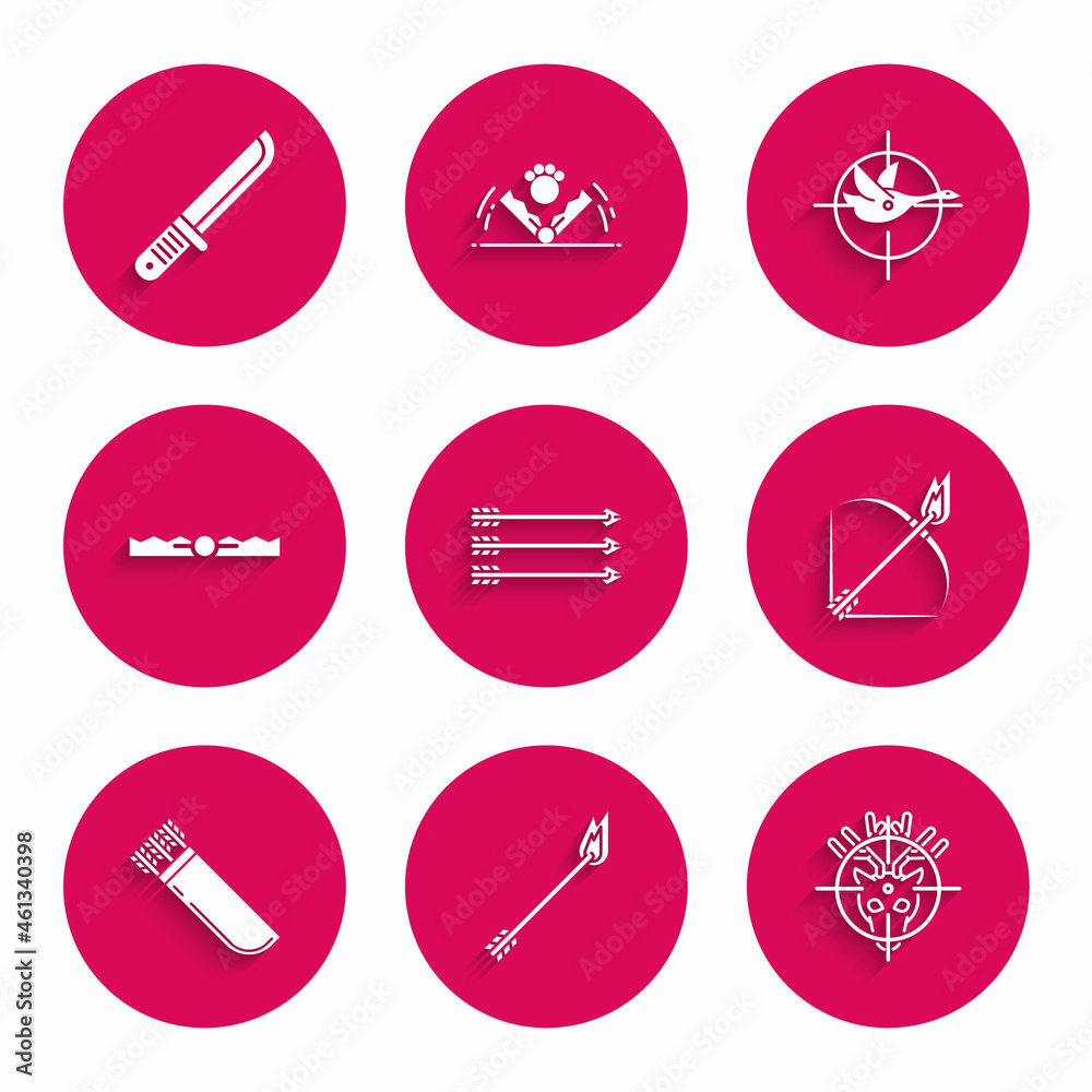 Set Hipster arrows, Flame, Hunt on deer with crosshairs, Bow and fire, Quiver, Trap hunting, duck and Hunter knife icon. Vector Set Hipster arrows, Flame, Hunt on deer with crosshairs, Bow and fire, Quiver, Trap hunting, duck and Hunter knife icon. Vector
