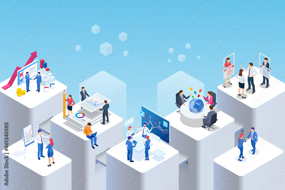Isometric Expert team for Data Analysis, Business Statistic, Management, Consulting, Marketing. Communication and contemporary marketing. Corporate people working together