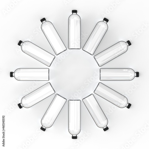 black capped PET (or glass) isolated transparent bottles stand in a circle row, ready for mockup and label