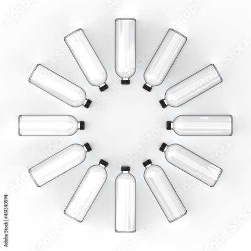 black capped PET (or glass) isolated transparent bottles stand in a circle row, ready for mockup and label