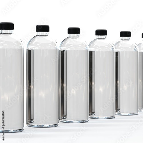 Black capped PET (or glass) isolated transparent bottles stand in a row, ready for mockup and label