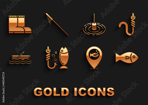 Set Fishing, hook and worm, Location fishing, boat with oars water, float, boots and net icon. Vector