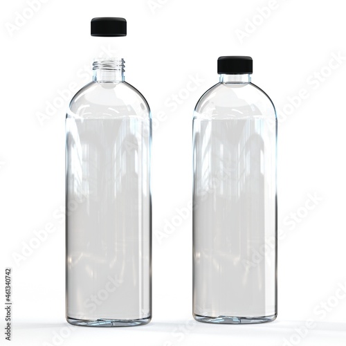 Black capped and uncapped PET (or glass) isolated transparent bottles stand in a row, ready for mockup and label