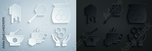 Set Cup of tea with honey, Jar, Honey dipper stick and bowl, Honeycomb hands, and icon. Vector