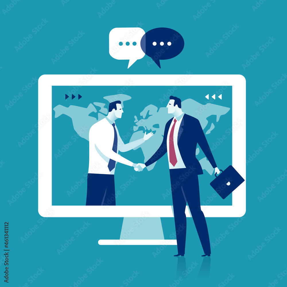 Deal. Connection. On line. Network. A business couple shaking hands across a laptop screen. Business vector illustration. Deal. Connection. On line. Network. A business couple shaking hands across a laptop screen. Business vector illustration.