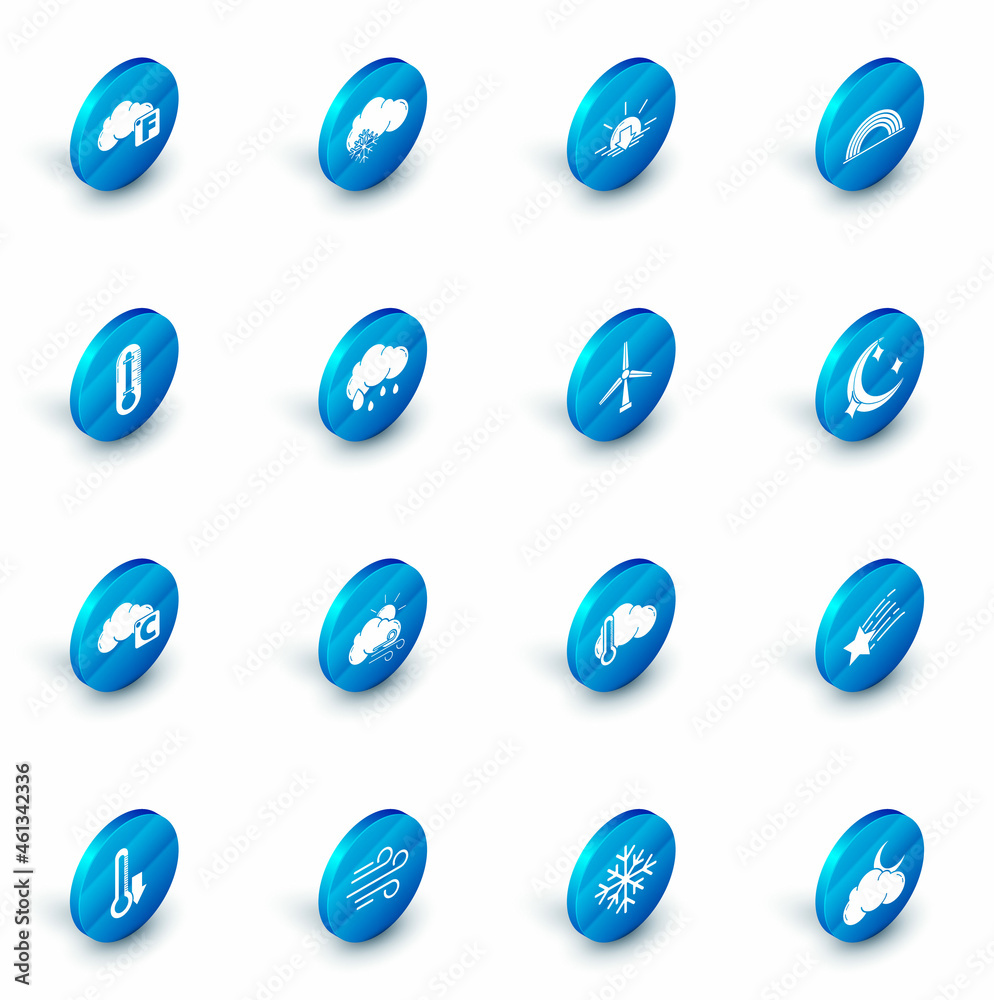 Set Cloud with snow, Sunset, Rainbow clouds, Thermometer, Celsius and, rain, Moon stars and Wind turbine icon. Vector Set Cloud with snow, Sunset, Rainbow clouds, Thermometer, Celsius and, rain, Moon stars and Wind turbine icon. Vector