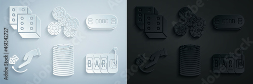 Set Casino chips, Poker table, Human hand throwing game dice, Slot machine, and Game icon. Vector
