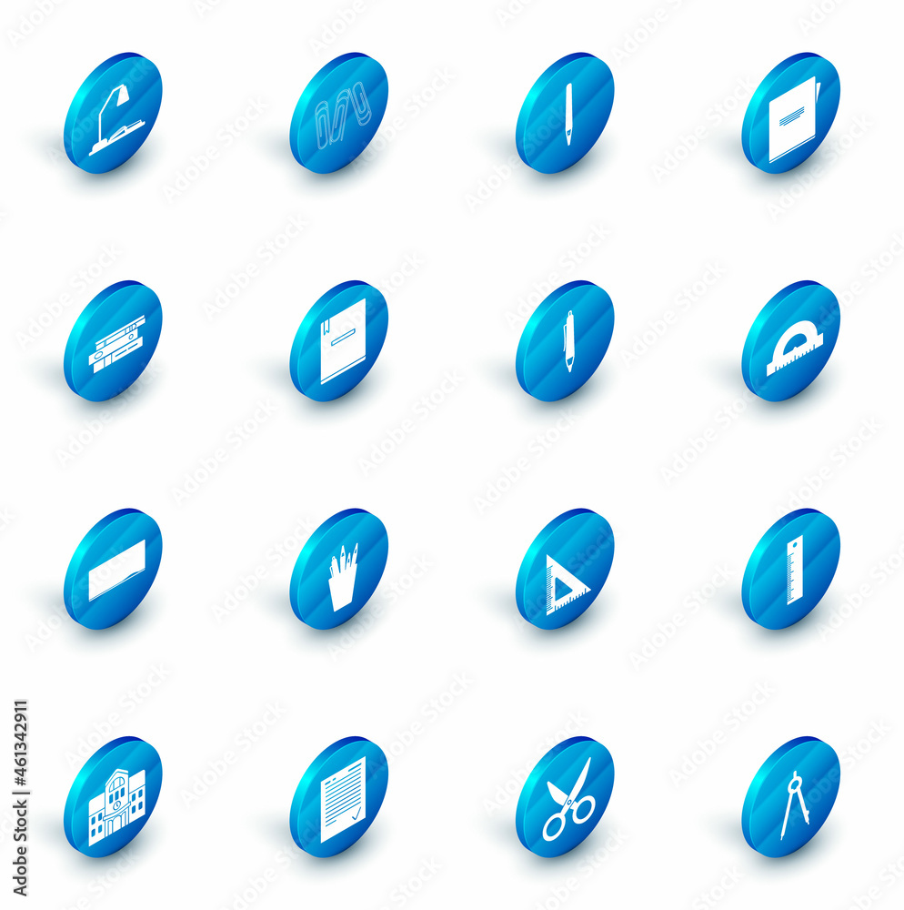 Set Paper clip, Pen, Notebook, Office folders with papers and documents, Chalkboard, Protractor grid for measuring degrees and icon. Vector Set Paper clip, Pen, Notebook, Office folders with papers and documents, Chalkboard, Protractor grid for measuring degrees and icon. Vector
