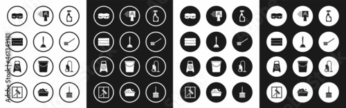 Set Cleaning spray bottle with detergent liquid, Toilet plunger, Towel stack, Sponge, brush, service, Vacuum cleaner and Wet floor and cleaning progress icon. Vector
