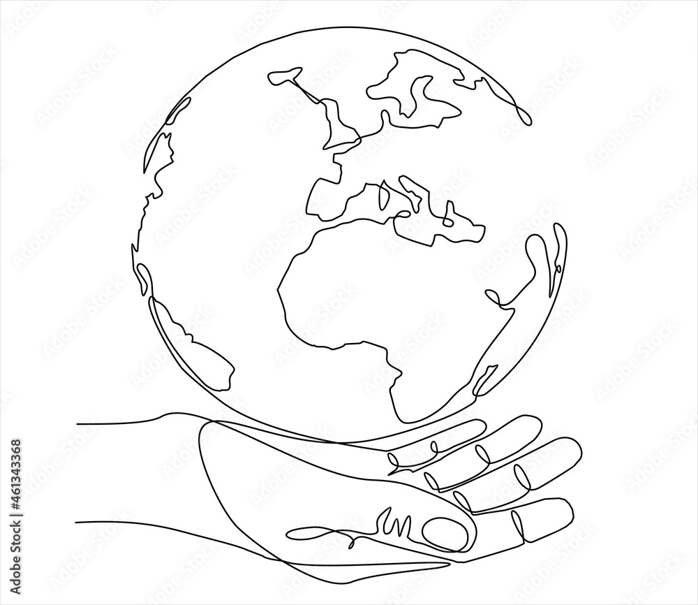 Single one line drawing of hand hold round earth. Globe icon silhouette for world protect concept. Infographics, business presentation isolated on white background. Design vector graphic illustration Single one line drawing of hand hold round earth. Globe icon silhouette for world protect concept. Infographics, business presentation isolated on white background. Design vector graphic illustration