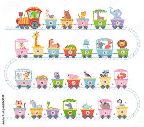 Alphabet train with animals. Cartoon animal illustration in van, education abc letter for children school vector on white