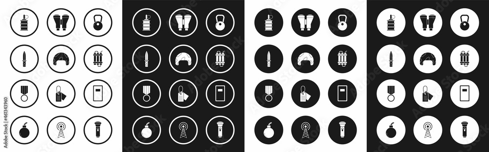 Set Kettlebell, Military helmet, knife, Hand grenade, Detonate dynamite bomb stick, Binoculars, Police assault shield and reward medal icon. Vector Set Kettlebell, Military helmet, knife, Hand grenade, Detonate dynamite bomb stick, Binoculars, Police assault shield and reward medal icon. Vector
