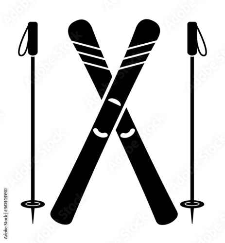 Skis and ski poles icon set on white background. Winter sports equipment sign illustration to use in advert, ski pass, competition certificate, skiing design projects. 