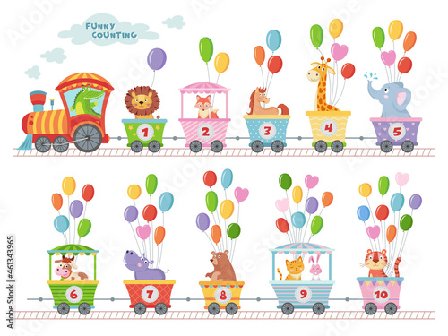 counting train with animals rides on rails with balloons education for children school vector on white