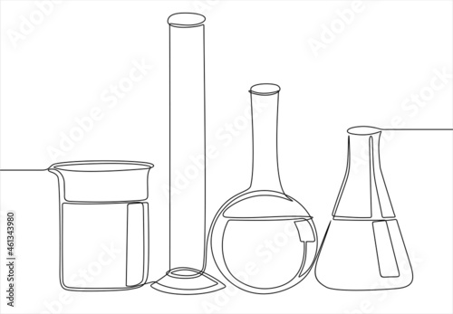 continuous line drawing of Laboratory glassware isolated over white background
